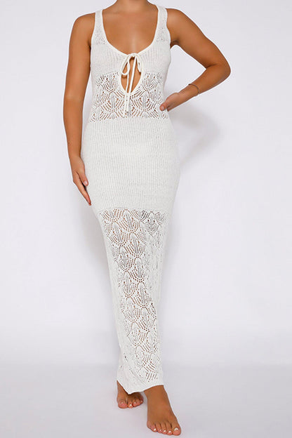 White Crochet Hollow Out Tank Dress with Tie-back