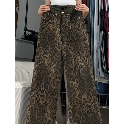 Wide Leg Leopard Print Women High Waisted 2024 Y2k Fashion Streetwear Retro Denim Baggy Casual Straight Jean