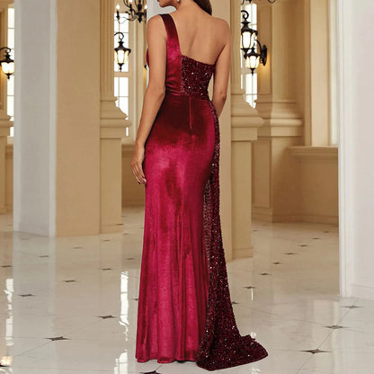 Elegant One Shoulder Draped Split Wedding Party Prom Formal Long Gown Christmas Party Dress