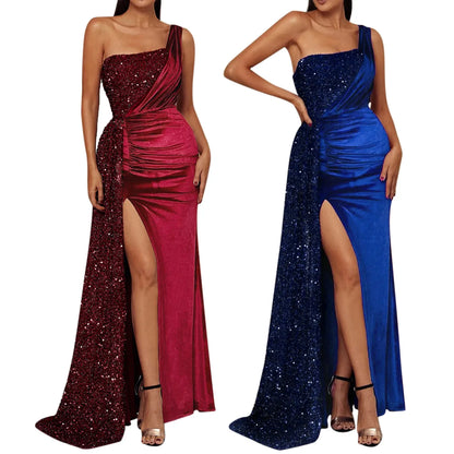 Elegant One Shoulder Draped Split Wedding Party Prom Formal Long Gown Christmas Party Dress