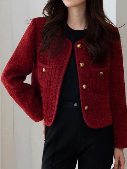 Wine Red Metal Buckle Slim Tweed Cardigan