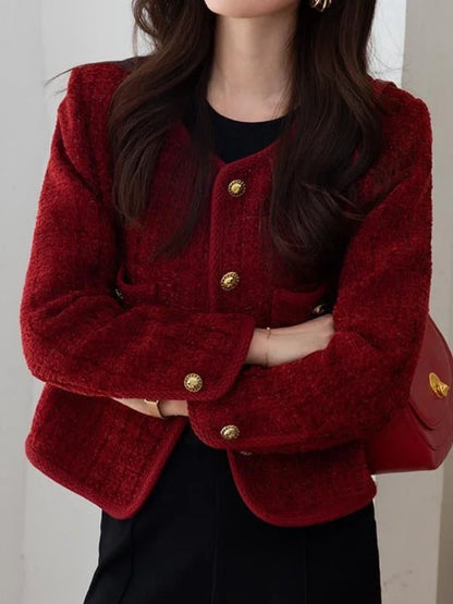 Wine Red Metal Buckle Slim Tweed Cardigan