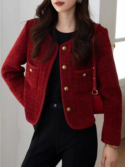 Wine Red Metal Buckle Slim Tweed Cardigan