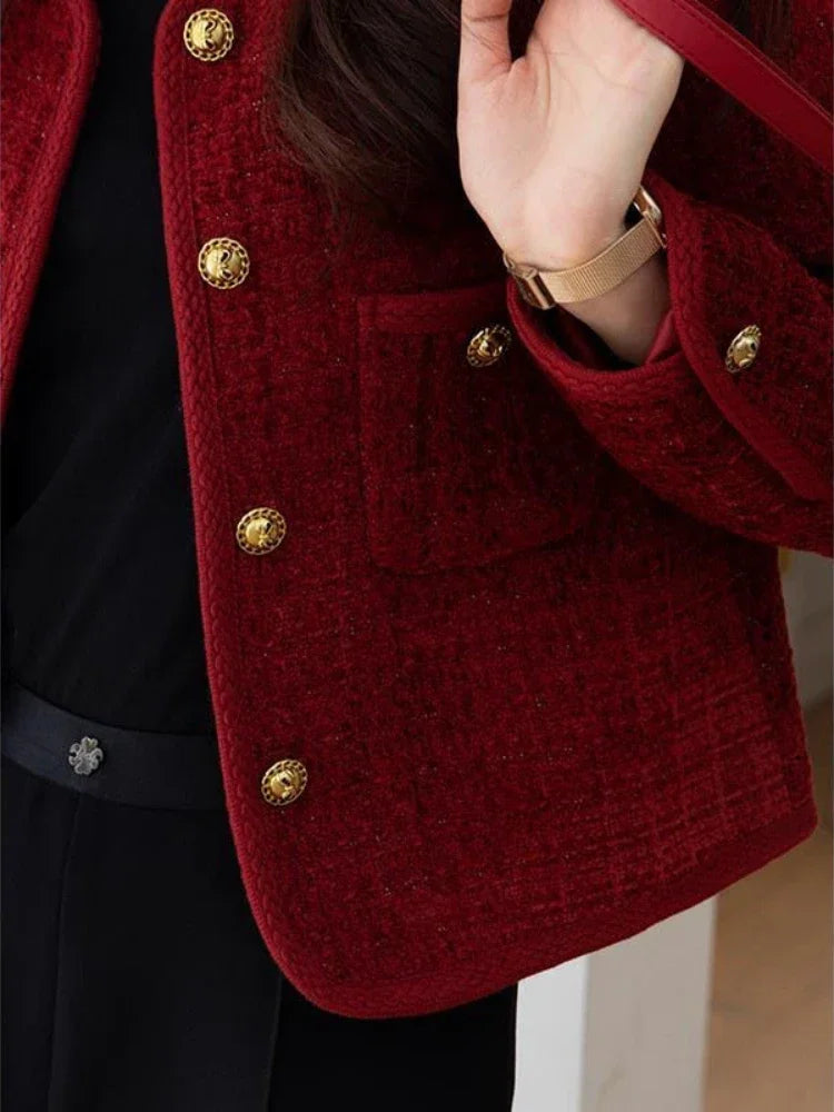 Wine Red Metal Buckle Slim Tweed Cardigan