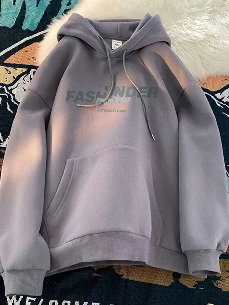 Letter Printed Winter Fleece Hoodie Dark Grey / M(40-45KG)