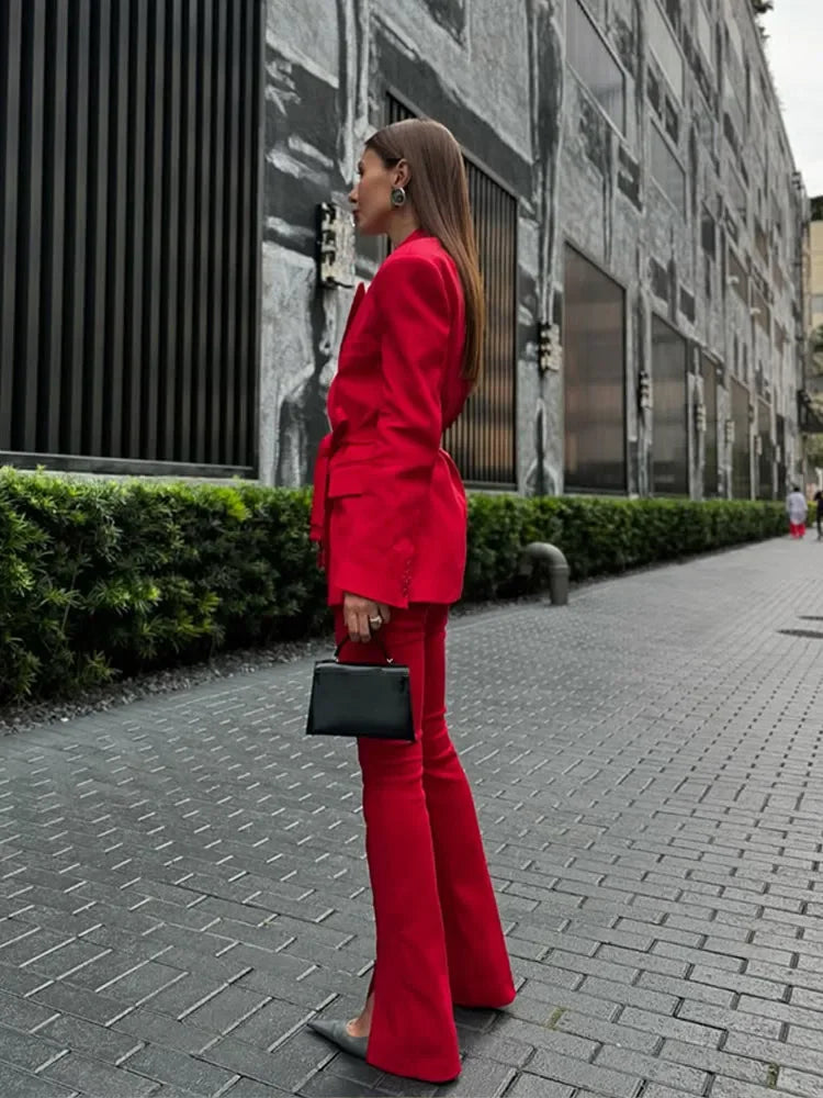 Red Flip Collar Lace-Up Coat