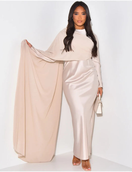 Elegant Solid Color Round Neck High Waist Swing Red Christmas Party Dress Beige / S Dresses-L