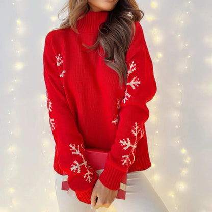 High Collar Snowflake Print Loose Fit Long Sleeve Knit Christmas Sweater