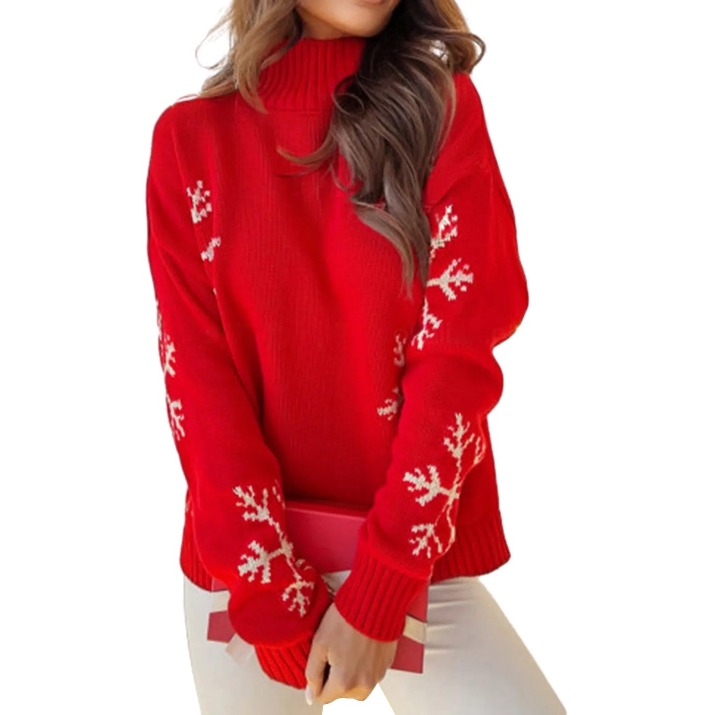 High Collar Snowflake Print Loose Fit Long Sleeve Knit Christmas Sweater