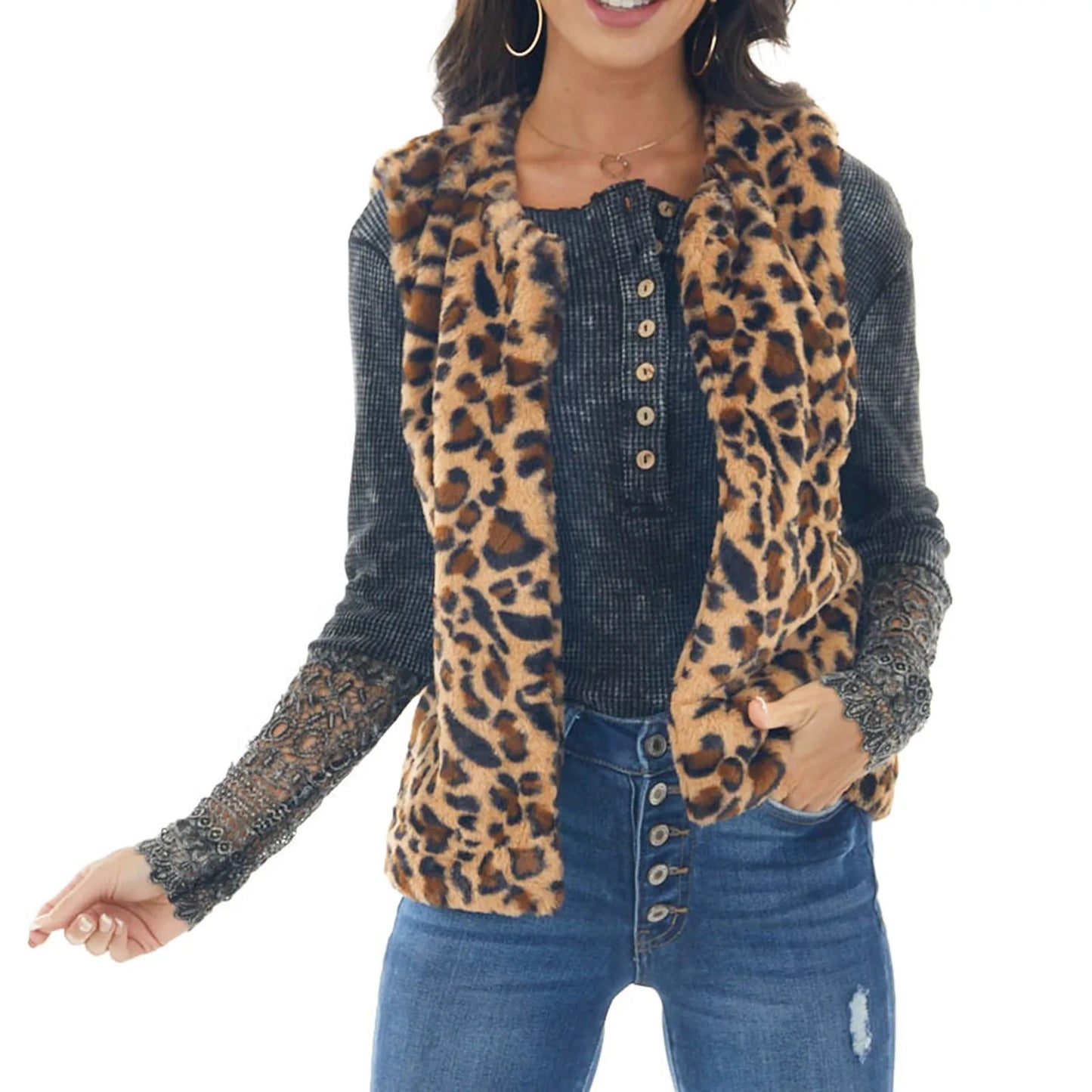 Fleece Sleeveless Leopard Print Stylish Chic Trendy Elegant Fashionable Classic Jacket