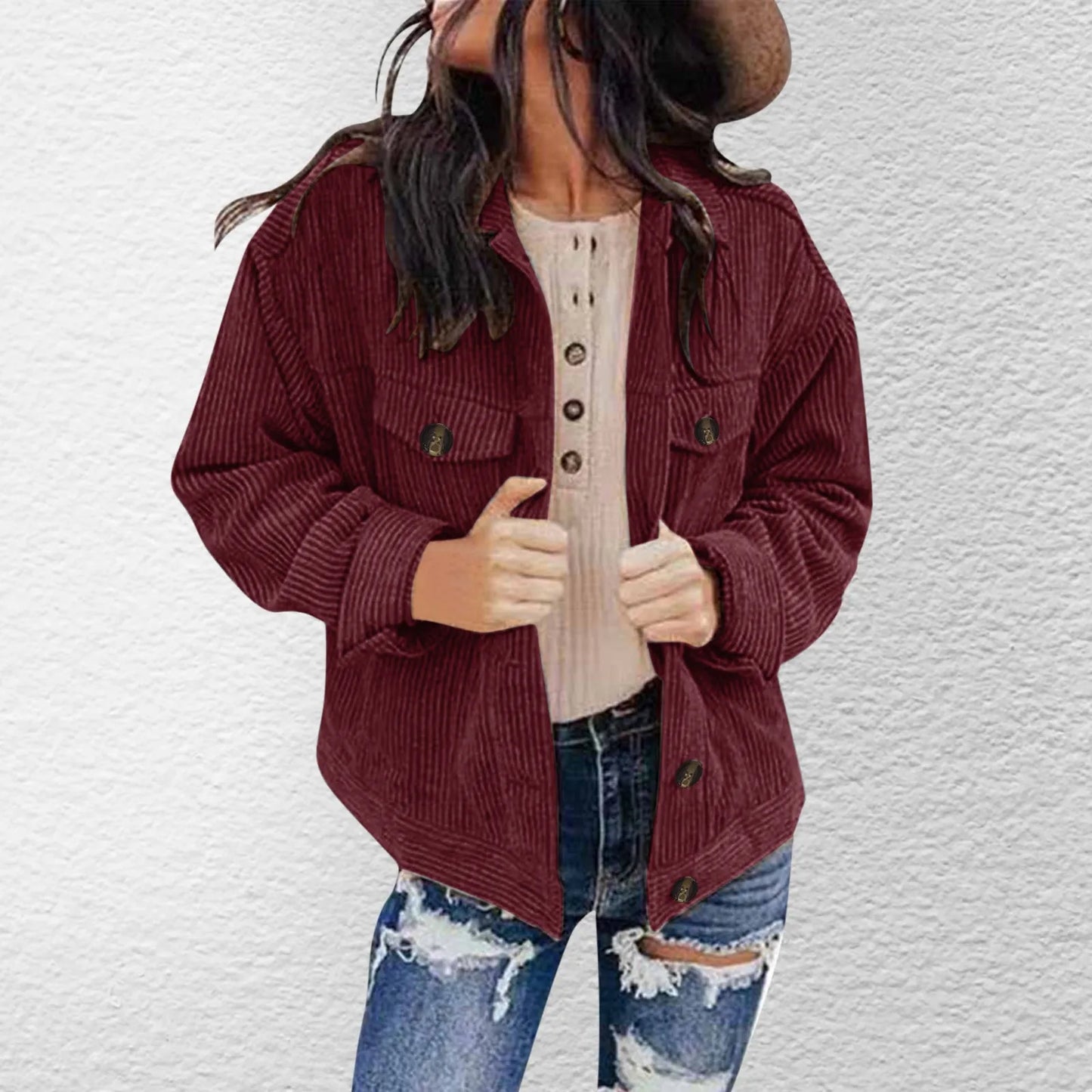 Plus Size Solid Button Chic Stylish Elegant Fashionable Versatile Lapel Pocket Corduroy Winter Jacket