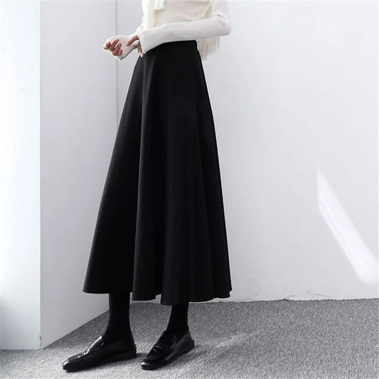 Fashionable High Waist Warm Basic Black Casual Thick Chic Maxi Skirt