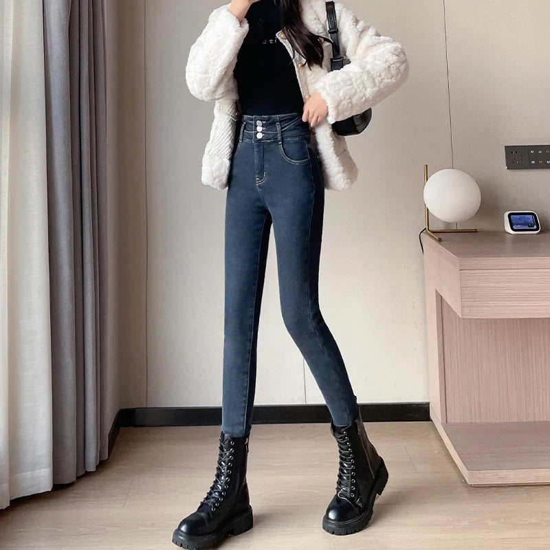 Winter Plus Velvet Skinny Women Stretch Denim Trousers Retro Patchwork Autumn Warm Thick Pencil Pants Jean