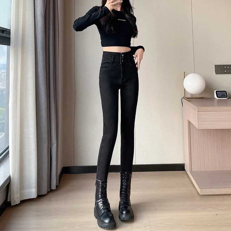 Winter Plus Velvet Skinny Women Stretch Denim Trousers Retro Patchwork Autumn Warm Thick Pencil Pants Jean