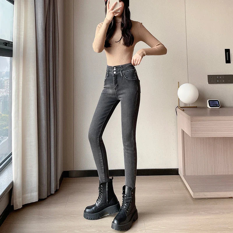 Winter Plus Velvet Skinny Women Stretch Denim Trousers Retro Patchwork Autumn Warm Thick Pencil Pants Jean