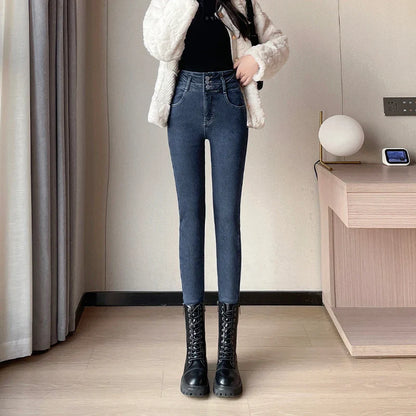 Winter Plus Velvet Skinny Women Stretch Denim Trousers Retro Patchwork Autumn Warm Thick Pencil Pants Jean