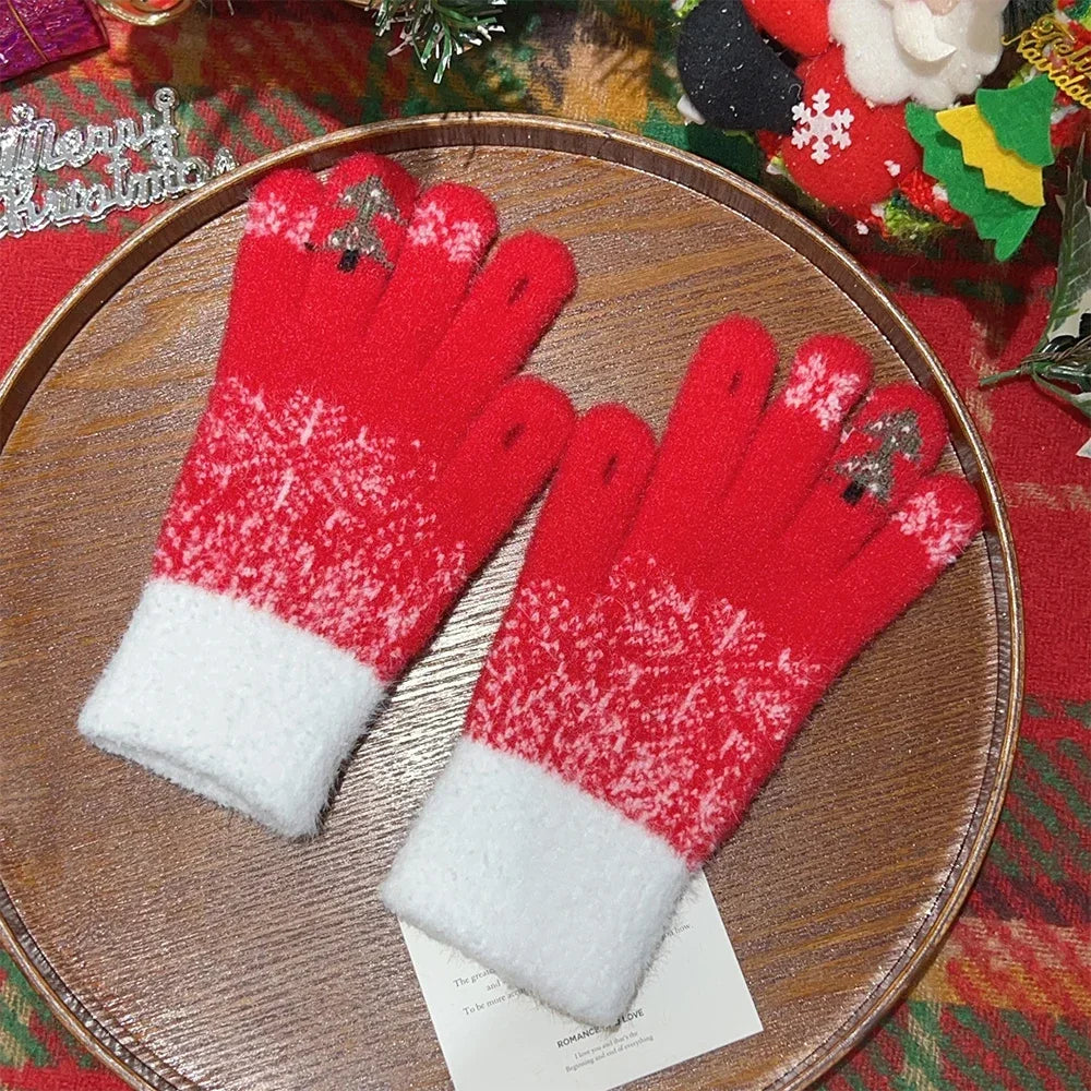 Cashmere Christmas Tree Knit Skiing Full Finger Plush Gloves