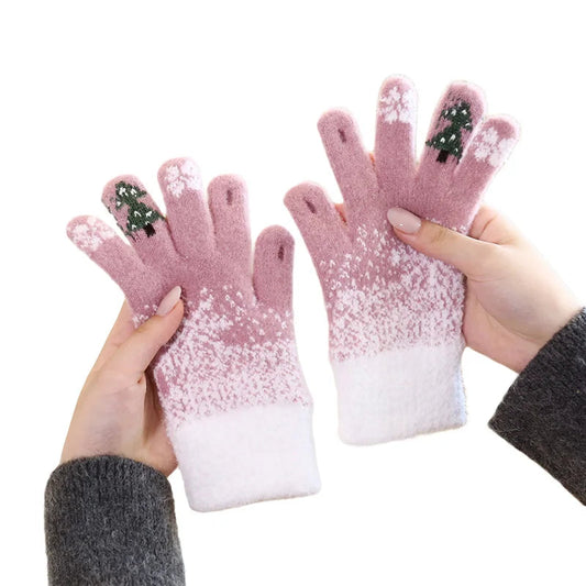 Christmas Tree Knit Full Finger Skiing Touchscreen Winter Glove Pink / M Gloves-L