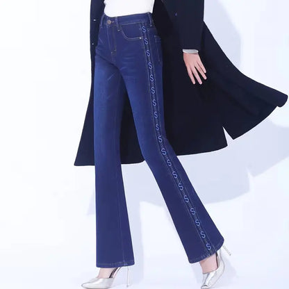 Winter Thicken Warm Stretch Woman Flare 2024 New High Waist Korean Fashion Pockets Solid Casual Slim Flared Denim Jean