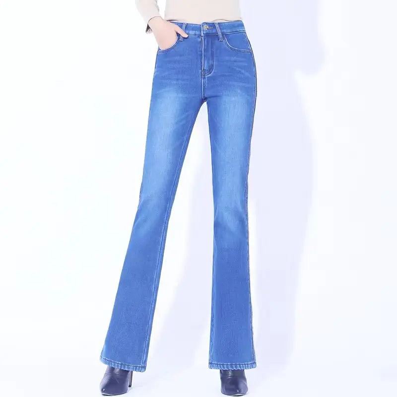 Winter Thicken Warm Stretch Woman Flare 2024 New High Waist Korean Fashion Pockets Solid Casual Slim Flared Denim Jean