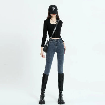 Winter Women Stretch Thicken Lamb Fluff High Waist Fleece Lined Warm Slim Denim Pencil Pants Jean