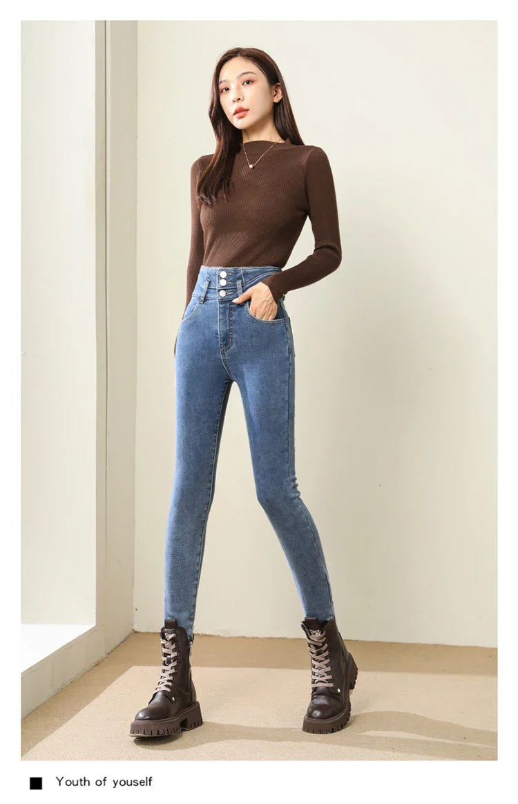 Winter Women Thicken Lamb Fluff High Waist Stretchy Fleece Lined Warm Slim Denim Pencil Pants Jean