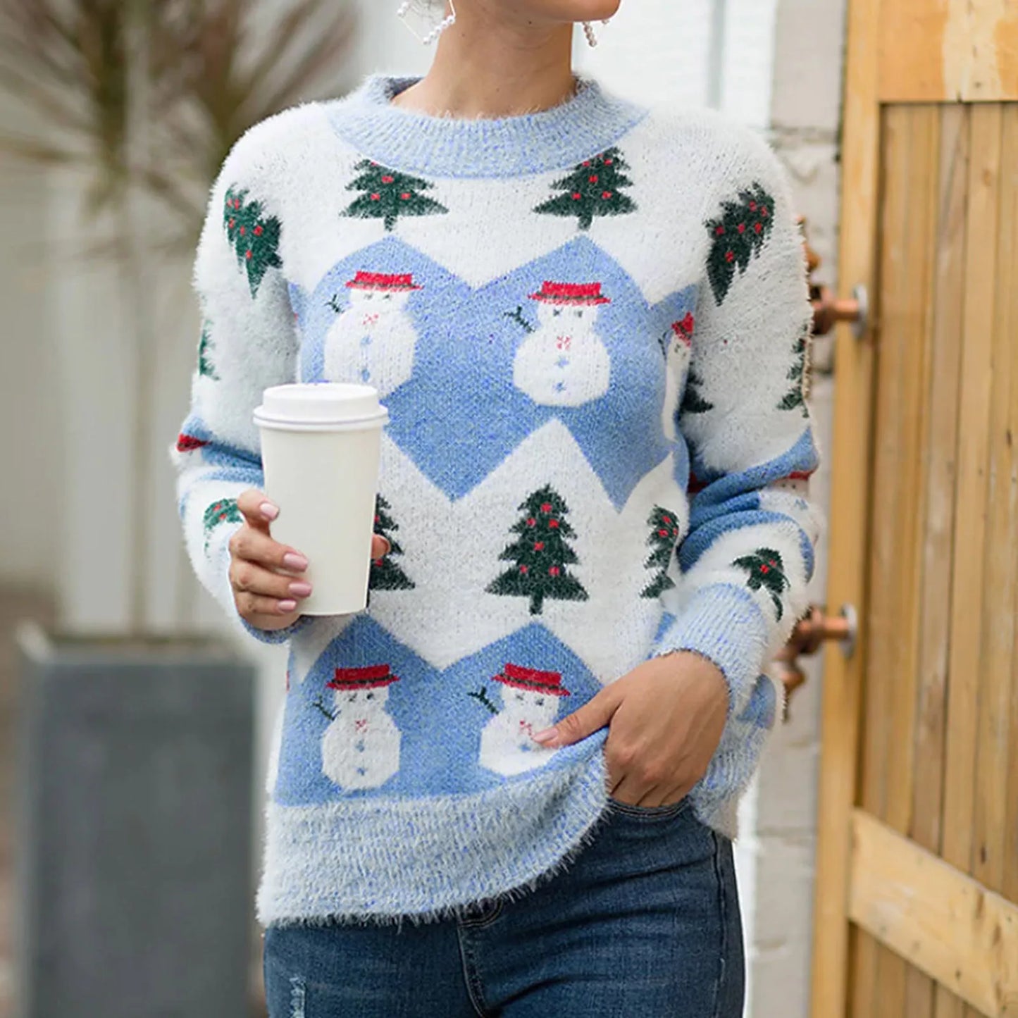 Ugly Christmas Snowman Cartoon Knit Long Sleeve Female Tree Christmas Sweater