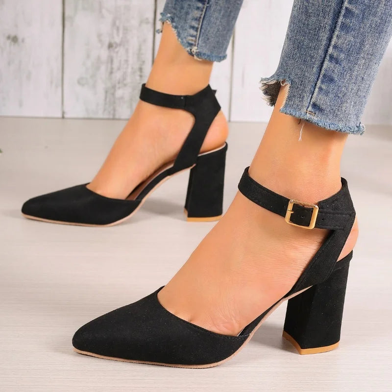 2024 Trend Summer Woman Sandals High Heels Pointed Toe Shoes Fashion Suede Chunky Shallow Sexy Dress Designer Mujer Zapatos