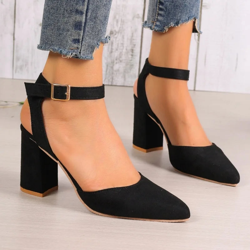 2024 Trend Summer Woman Sandals High Heels Pointed Toe Shoes Fashion Suede Chunky Shallow Sexy Dress Designer Mujer Zapatos