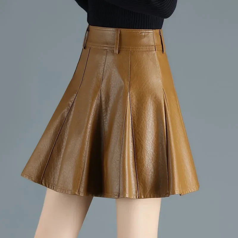 Elegant Plus Size New Fashion Korean Genuine Real Leather High Waist Skirt