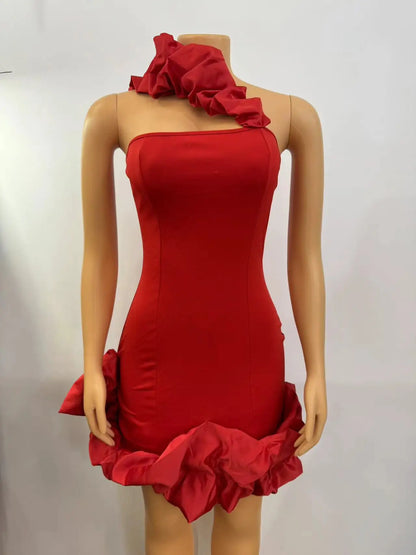 Elegant A-Line Backless One-Shoulder Red Christmas Party Dress