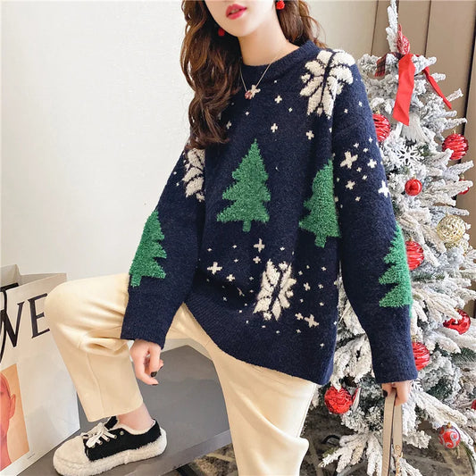 Korean Version Sweet Embroidery Versatile Long Sleeves Pullover Christmas Sweater