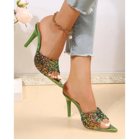 Bling Sequins Pointed Toe Thin Heeled SandalsFashion Slip-on Going Out Femme Party Pumps High Heel