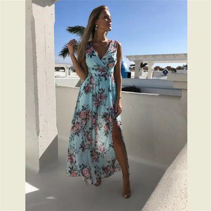 Summer Beach Party Sleeveless V-Neck Floral Long Boho Dress