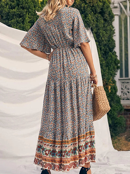 Retro Floral Print V-neck Boho Sundress