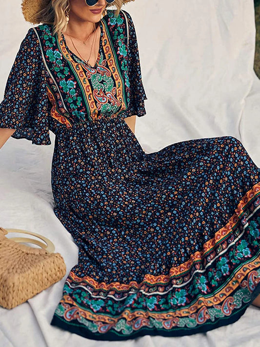 Retro Floral Print V-neck Boho Sundress