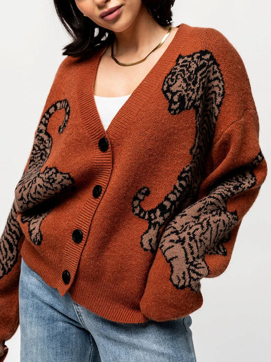 Casual Tiger Print Long Sleeve Cardigan