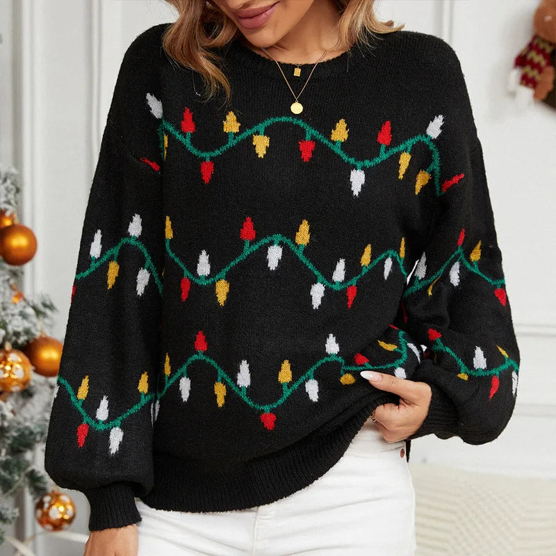 Casual Streetwear Jacquard Sweet Christmas Party Knitted Loose Sweater Sweaters-L
