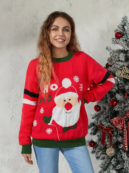 Christmas Santa Jacquard Patchwork Long Sleeve Crew Neck Loose Christmas Sweater