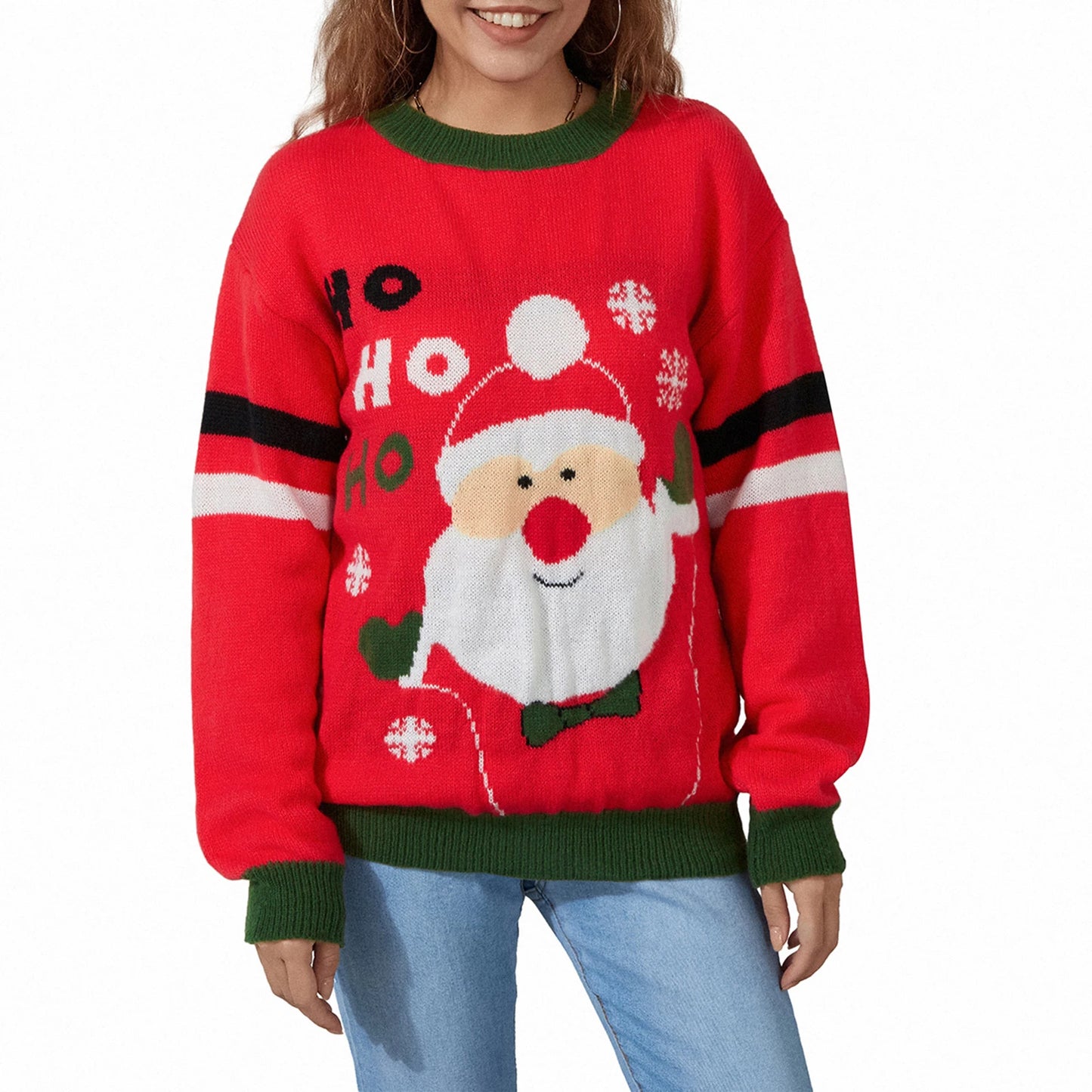 Christmas Santa Jacquard Patchwork Long Sleeve Crew Neck Loose Christmas Sweater