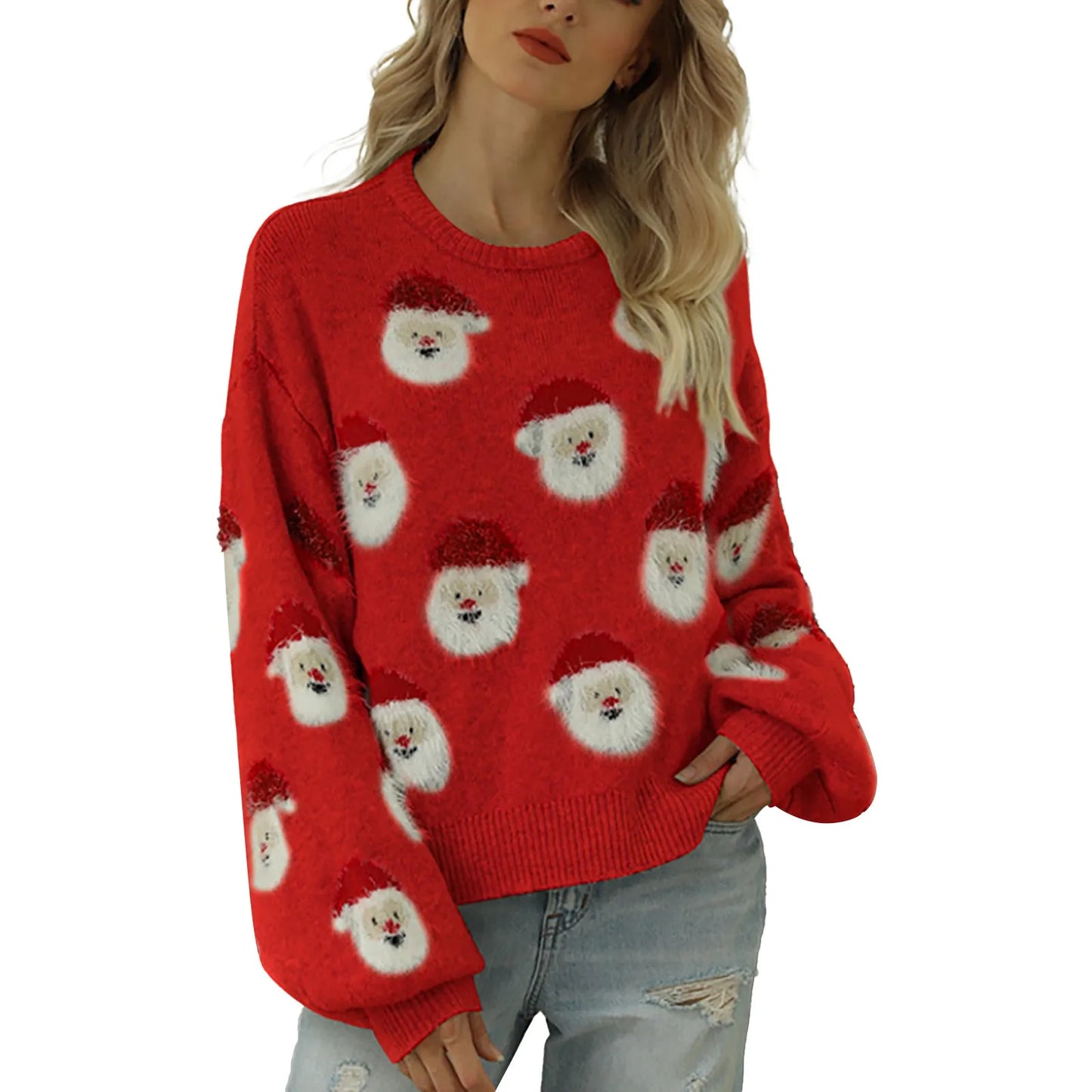 Cute Santa Head Pattern Winter Fleece CrewNeck Christmas Sweater