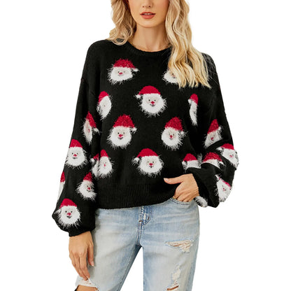 Cute Santa Head Pattern Winter Fleece CrewNeck Christmas Sweater