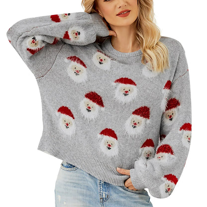 Cute Santa Head Pattern Winter Fleece CrewNeck Christmas Sweater