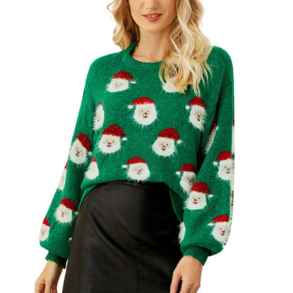 Cute Santa Head Pattern Winter Fleece CrewNeck Christmas Sweater