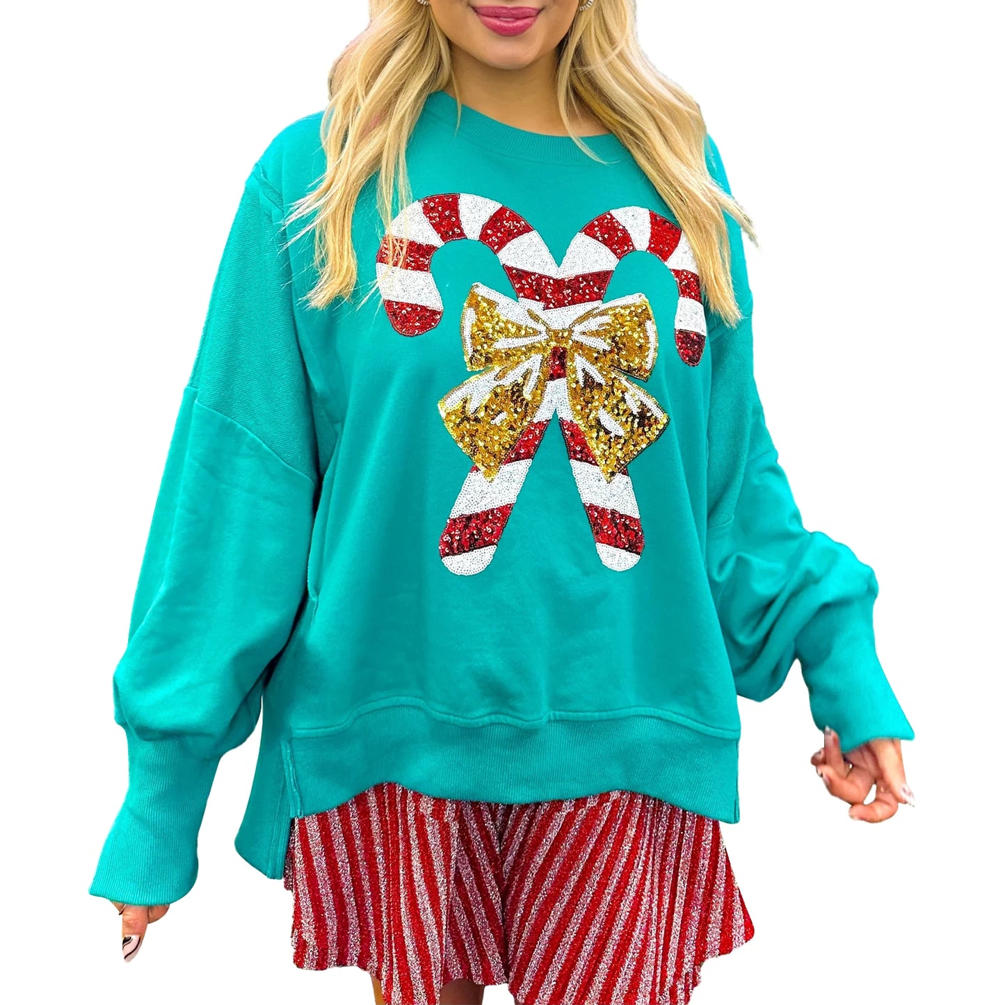 Christmas Sequin Candy Cane Holiday Oversized Side Slit Sparkly Pullover Christmas Hoodie