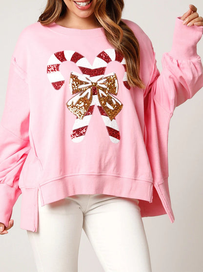 Christmas Sequin Candy Cane Holiday Oversized Side Slit Sparkly Pullover Christmas Hoodie