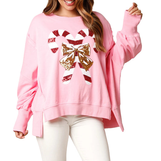 Christmas Sequin Candy Cane Holiday Oversized Side Slit Sparkly Pullover Christmas Hoodie