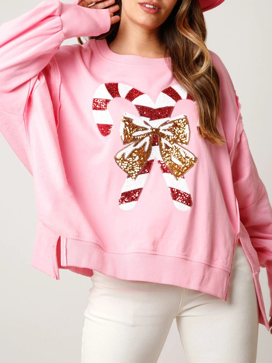 Christmas Sequin Candy Cane Holiday Oversized Side Slit Sparkly Pullover Christmas Hoodie