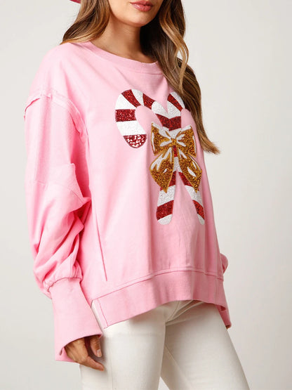 Christmas Sequin Candy Cane Holiday Oversized Side Slit Sparkly Pullover Christmas Hoodie