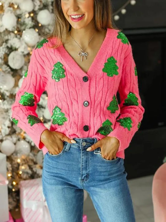 Christmas Tree Glitter V-neck Button Cardigan